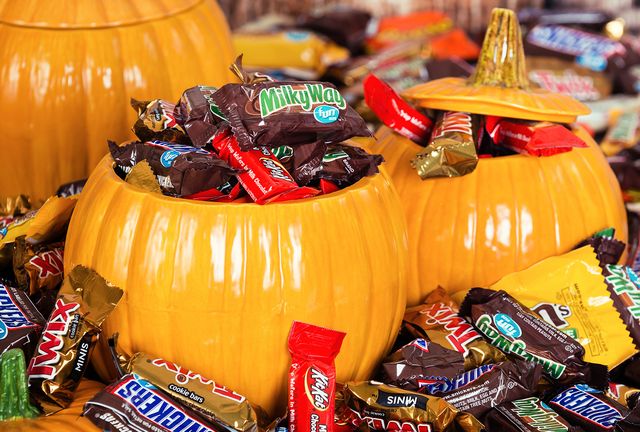 halloween candy on glass pumpkins