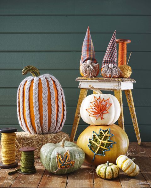 diy halloween pumpkins made with yarn cable knit pumpkin, gnome pumpkins, string art yarn leaves