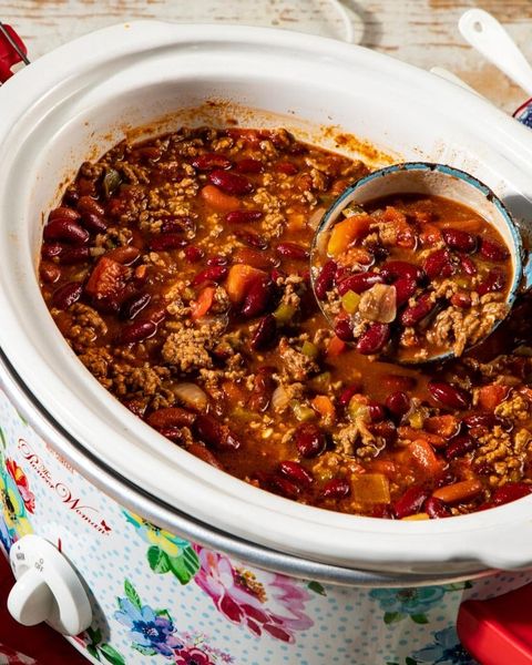 slow cooker chili in floral slow cooker