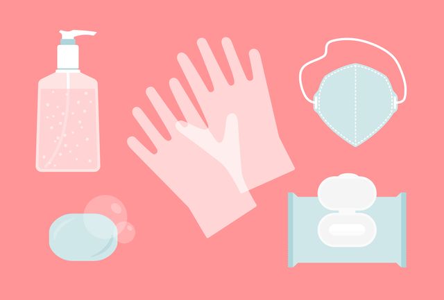hand sanitizer, protective gloves, n95 face mask, wet wipe and bar of soap illustration