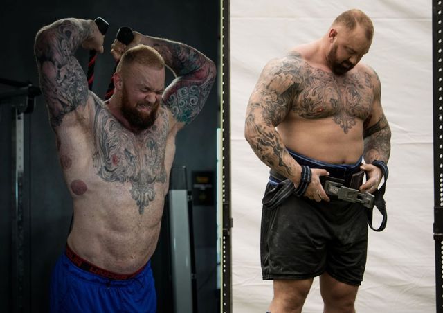 montaje con una imagen la dieta de la montaña hafthor bjornsson después de adelgazar 50 kg izquierda y antes