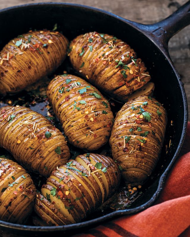 hasselback potatoes in a cast iron pan