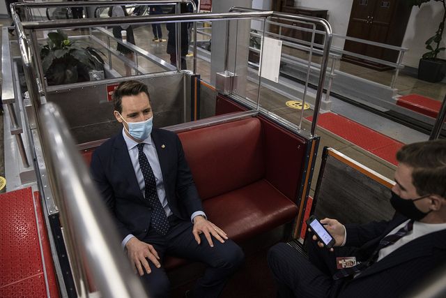 washington, dc   december 16 sen josh hawley r mo takes the senate subway at the us capitol on december 16, 2020 in washington, dc house speaker nancy pelosi hosted a meeting as congressional negotiations on spending and economic relief legislation continued photo by tasos katopodisgetty images