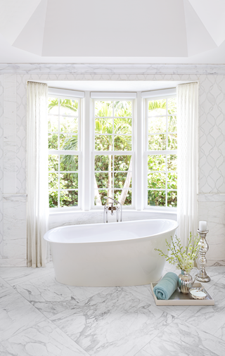 Bathtub, White, Bathroom, Room, Interior design, Property, Tile, Floor, Window, Curtain, 