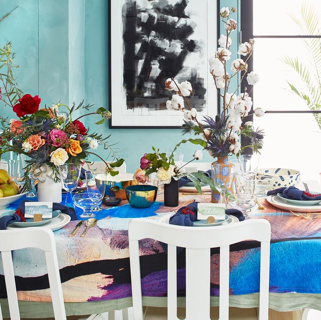 Room, Blue, Furniture, Table, Dining room, Turquoise, Interior design, Home, Textile, Tablecloth, 