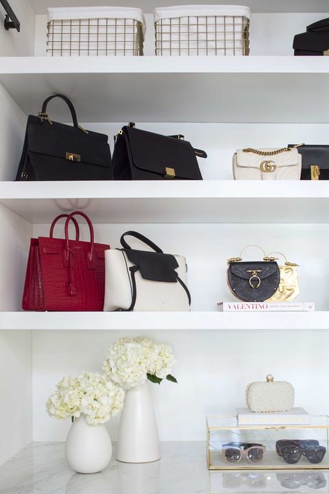 White, Black, Handbag, Bag, Shelf, Room, Fashion accessory, Material property, Furniture, Interior design, 