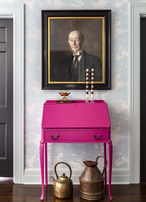 Furniture, Table, Room, Pink, Magenta, Material property, Interior design, Nightstand, Chest of drawers, House, 