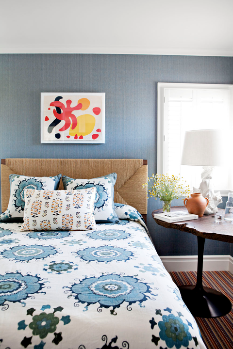 Blue, Room, Bed, Interior design, Wall, Furniture, Bedding, Textile, Bedroom, Bed sheet, 