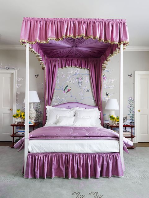 Bed, Decoration, Furniture, Bedroom, Purple, Pink, Canopy bed, Room, Curtain, Bedding, 