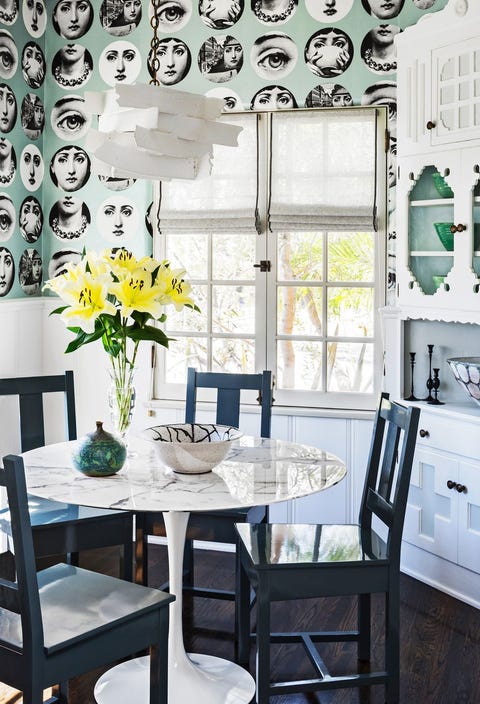 fornasetti wallpaper in dining room ACME REAL ESTATE los angeles interior decor blog wallpaper ideas
