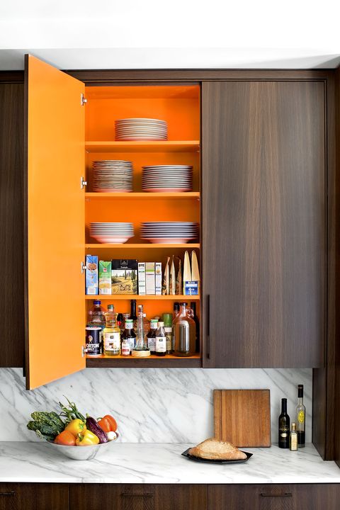 Orange, Furniture, Shelf, Cabinetry, Room, Cupboard, Yellow, Interior design, Shelving, Kitchen, 