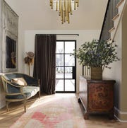 wellborn and wright door, elitis fabric, john
richard chandelier, silver satin by benjamin moore paint, settee wall mirror, oushak rug, coatrack, spanish coffer