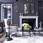 gray walls, fireplace