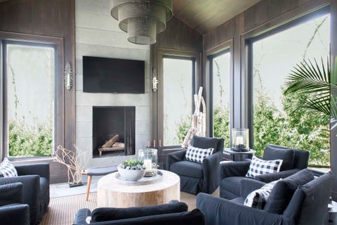 design by kris cochran, porch with fireplace