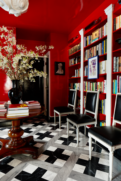 red, room, interior design, furniture, living room, building, wall, table, floor, flooring,