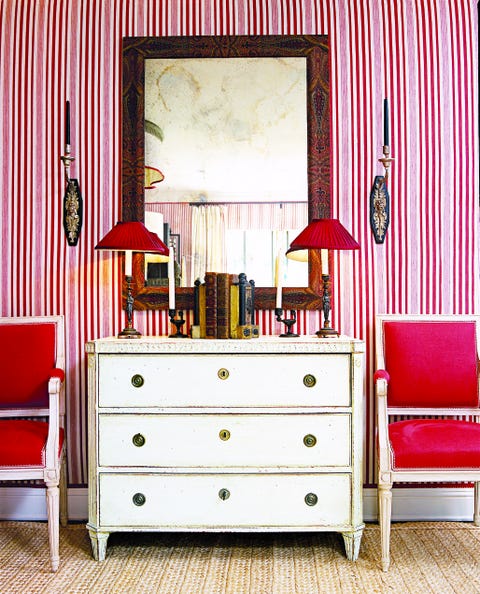 Furniture, Chest of drawers, Red, Room, Drawer, Interior design, Curtain, Wall, Wallpaper, Table, 