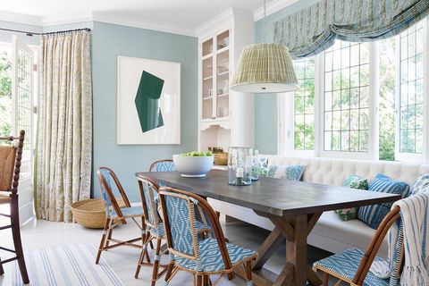 Room, Dining room, Furniture, Interior design, Green, Property, Table, Turquoise, Curtain, Building, 