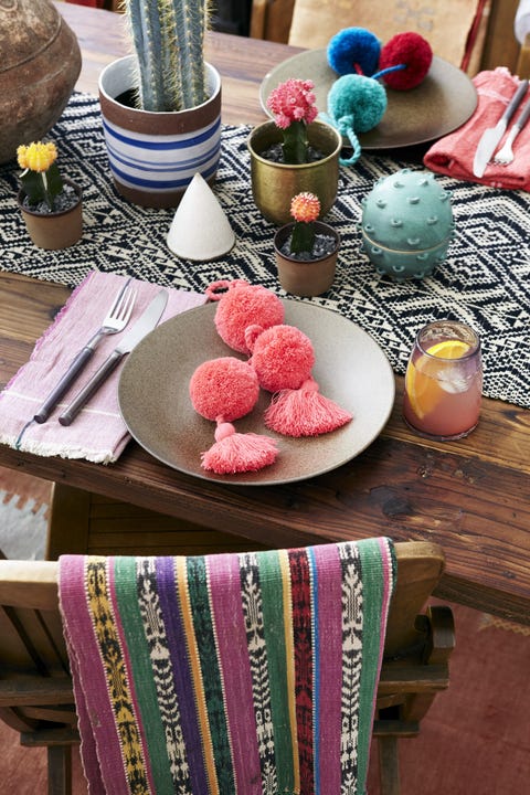 Table, Pink, Room, Wool, Textile, Furniture, Food, Interior design, 