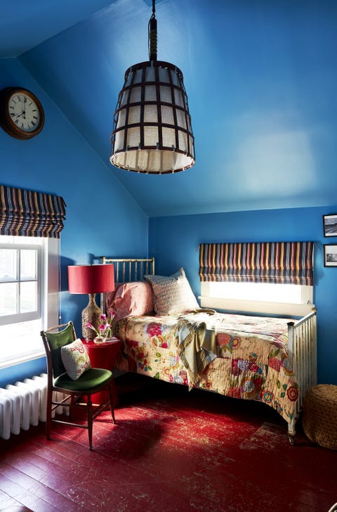 Furniture, Bedroom, Lampshade, Room, Interior design, Blue, Bed, Lighting accessory, Ceiling, Bed frame, 