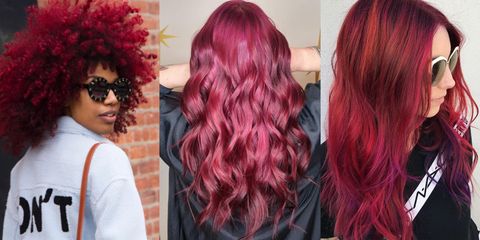 Hairstyle, Red, Magenta, Sunglasses, Style, Red hair, Hair coloring, Wig, Pattern, Fashion, 