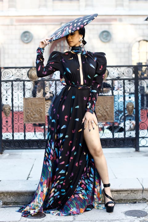 Cardi B Wears Michael Costello Look at Paris Fashion Week