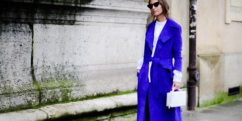Cobalt blue, Clothing, Blue, Street fashion, Electric blue, Purple, Fashion, Coat, Outerwear, Trench coat, 