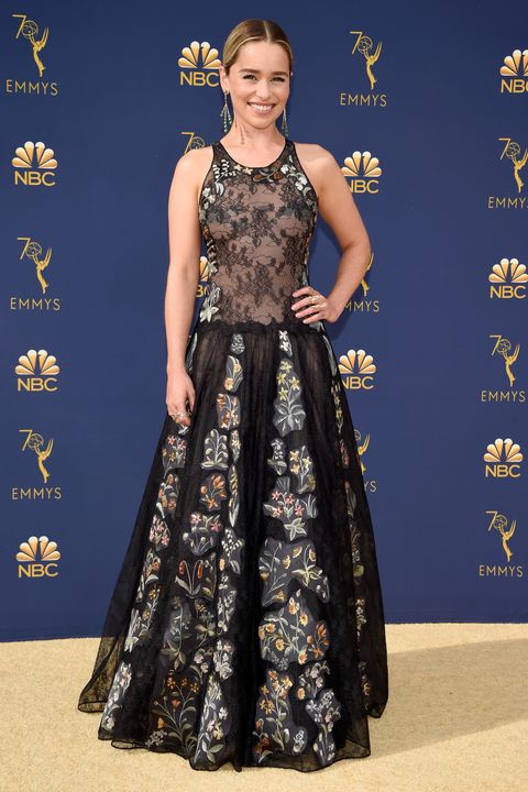 Emilia Clarke Wears a Sheer Lace Dior Dress at 2018 Emmy 