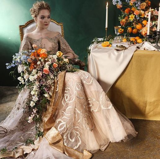 Yellow, Petal, Textile, Tablecloth, Dress, Bouquet, Bridal clothing, Gown, Wedding dress, Cut flowers, 