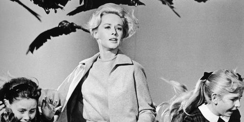 1963, american actor tippi hedren and a group of children run away from the attacking crows in a still from the film 'the birds' directed by alfred hitchcock photo by universal studiosgetty images