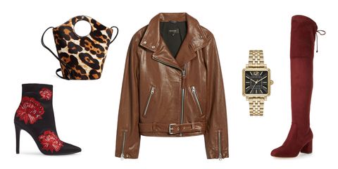 Clothing, Jacket, Leather, Leather jacket, Outerwear, Brown, Fashion, Footwear, Textile, Sleeve, 