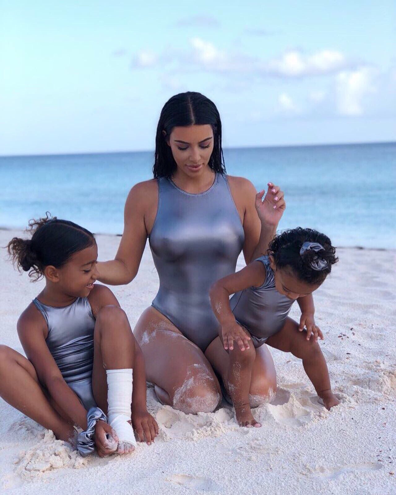 Kim Kardashian Matches Swimsuits With Her Kids In The Bahamas