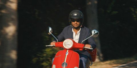 Scooter, Vespa, Vehicle, Tree, Motorcycle, Helmet, Personal protective equipment, Car, 