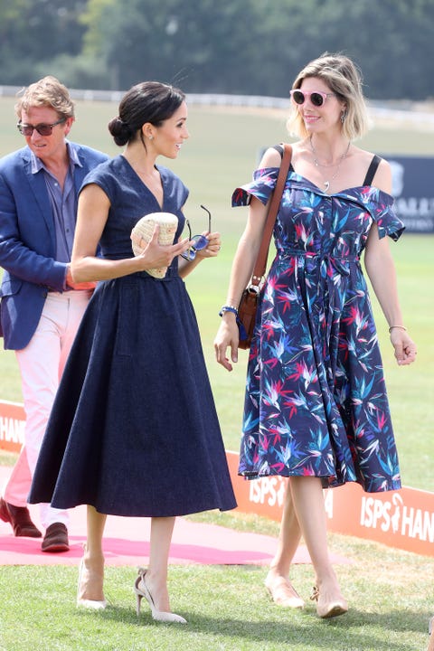 Meghan Markle Wears a Navy Carolina Herrera Dress to Sentebale Polo Match