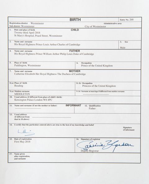 Royal Baby Prince Louis&#39; Birth Certificate Released - Royal Baby Number 3 Full Name Details