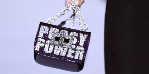 Handbag, Bag, Fashion accessory, Purple, Silver, Design, Material property, Font, Chain, Luggage and bags, 