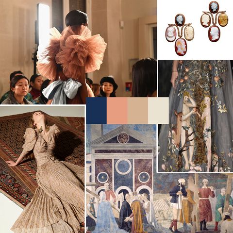Fashion, Victorian fashion, Dress, Collage, Costume design, Fur, Outerwear, Art, Textile, Peach, 