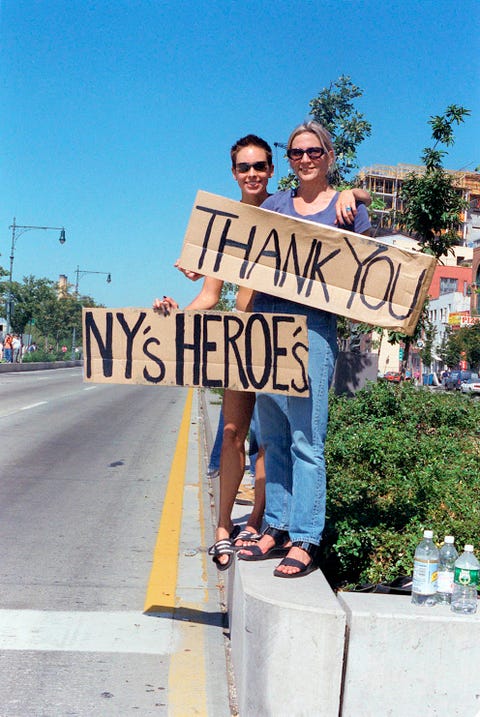 brooke bennett and kim dempster supporting fireman, police and american servicemen, following the september 11th attacks on the world trade center, in new york, sept 2001published in nyt 091601 sunday styles section