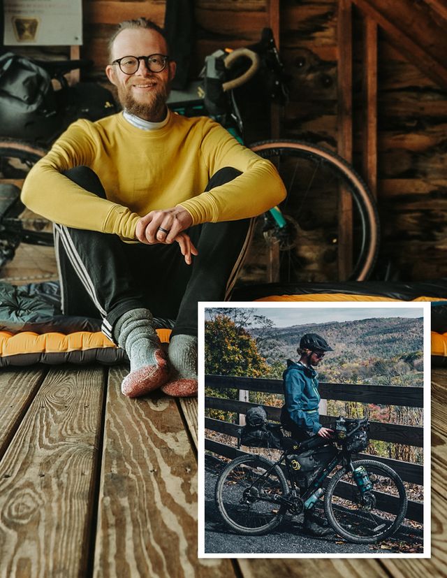 ryan keggs sitting down and with his bike at an overlook