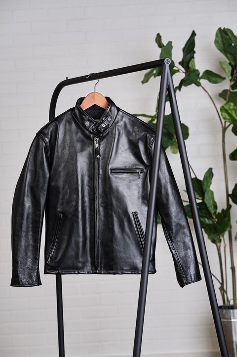 Clothing, Jacket, Leather, Clothes hanger, Leather jacket, Outerwear, Textile, Iron, Top, Metal, 