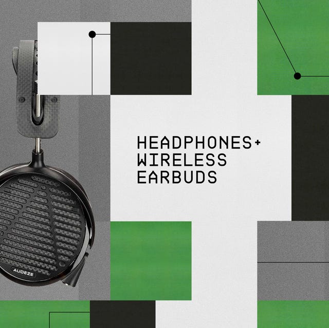 headphones wireless earbuds headline with colored squares and a pair of headphones