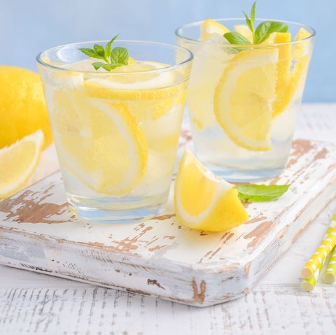 cold refreshing summer drink with lemon and mint on wooden background