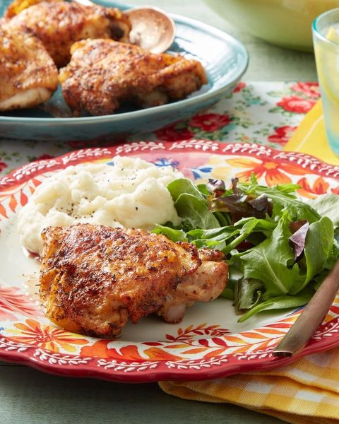 healthy air fryer recipes air fryer chicken thighs with side salad and mashed potatoes