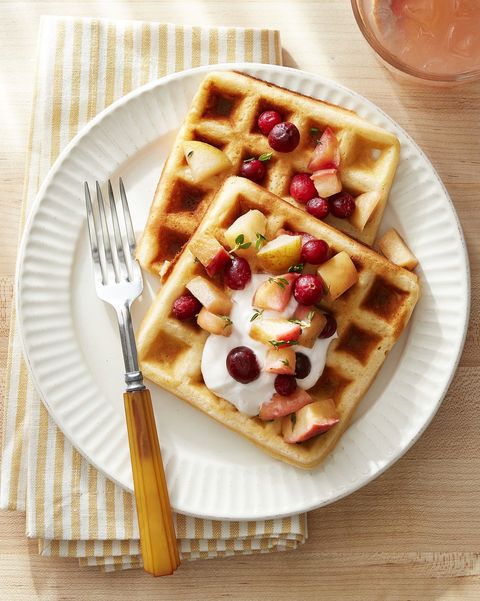 overnight yeasted waffles with sautéed apples, pear cranberries