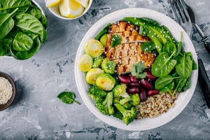 healthy buddha bowl lunch with grilled chicken royalty free image