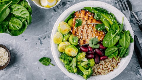 Healthy buddha bowl lunch with grilled chicken, quinoa, spinach, avocado, brussels sprouts, broccoli, red beans with sesame seeds Healthy buddha bowl lunch with grilled chicken, quinoa, spinach, avocado, brussels sprouts, broccoli, red beans with sesame seeds