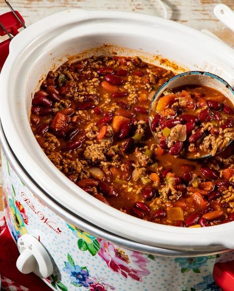 slow cooker chili in floral pw crock pot