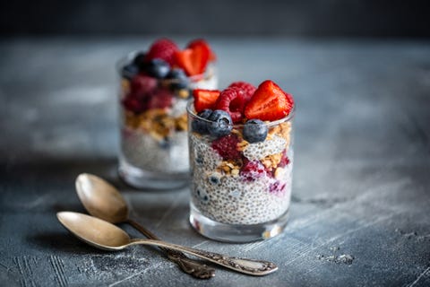 healthy dessert with chia seeds, blueberries, strawberries, raspberries and granola horizontal