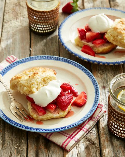 brandied strawberry shortcakes with malted whipped cream