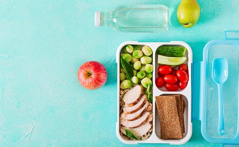 Healthy green meal prep containers with chicken fillet, rice, brussels sprouts and vegetables overhead shot with copy space. Dinner in lunch box. Top view. Flat class=