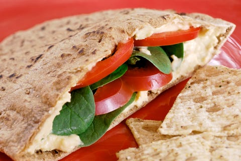 Healthy Vegetarian Vegan Pita with Hummus and Veggies, Red Plate